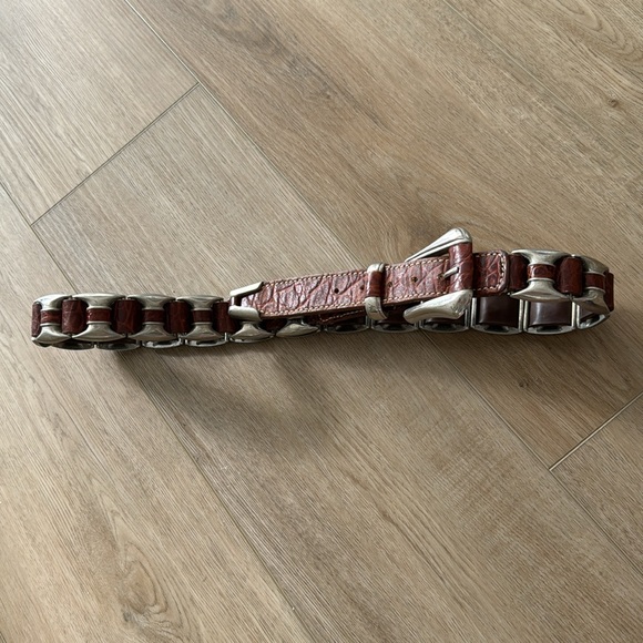 Vintage Genuine Leather Brown Unique Silvertone Embellished Woven Heavy Belt - Picture 9 of 17